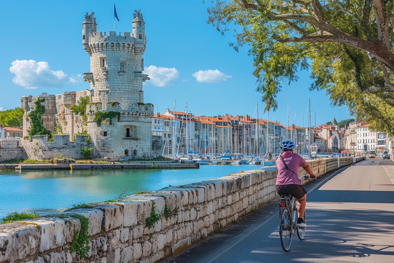 Vue panoramique de La Rochelle montrant différents moyens de transport, y compris vélos, bus et bateaux, illustrant les options de déplacement dans la cité maritime.