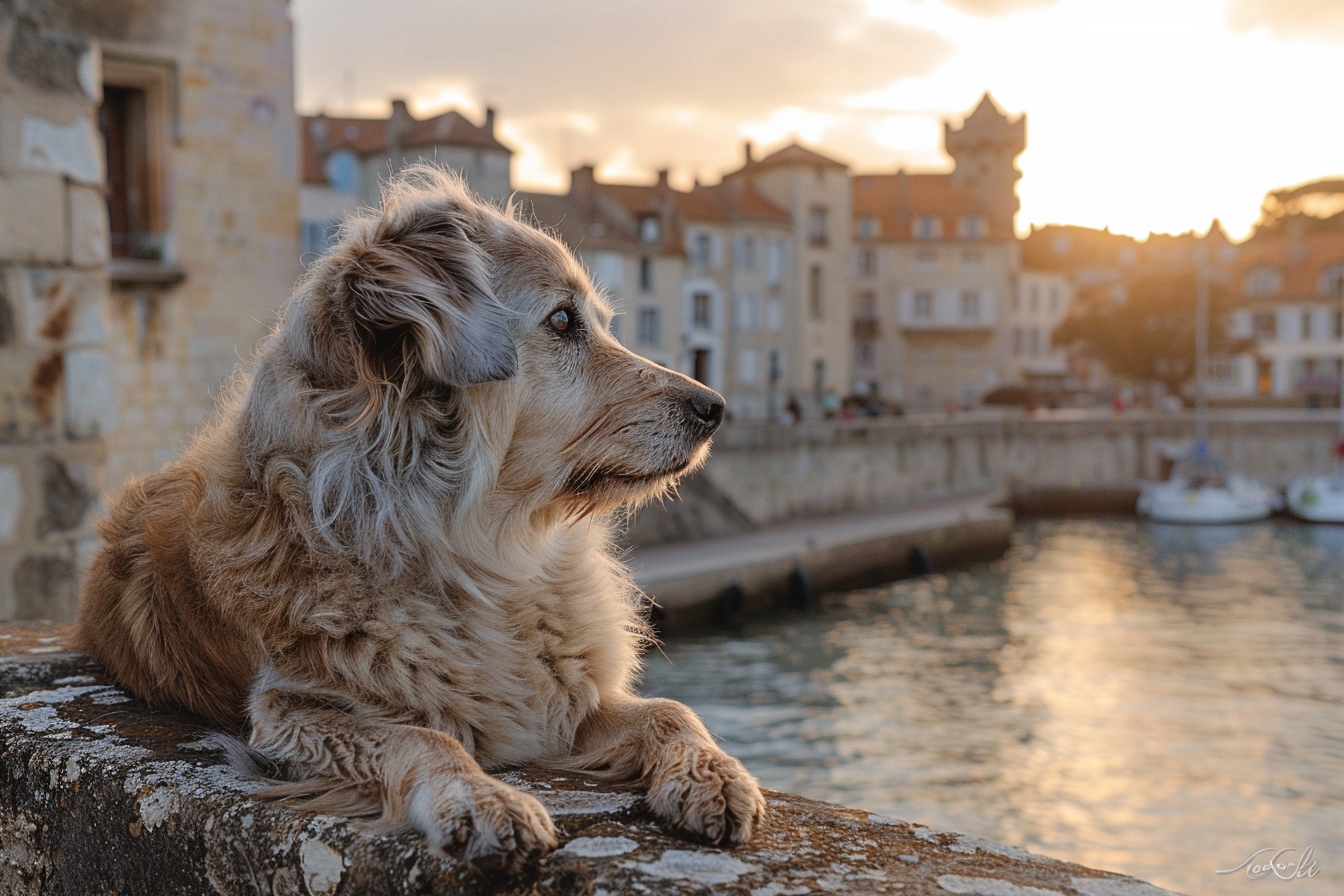 Vieux chien profitant calmement d'un déménagement à La Rochelle avec ses propriétaires