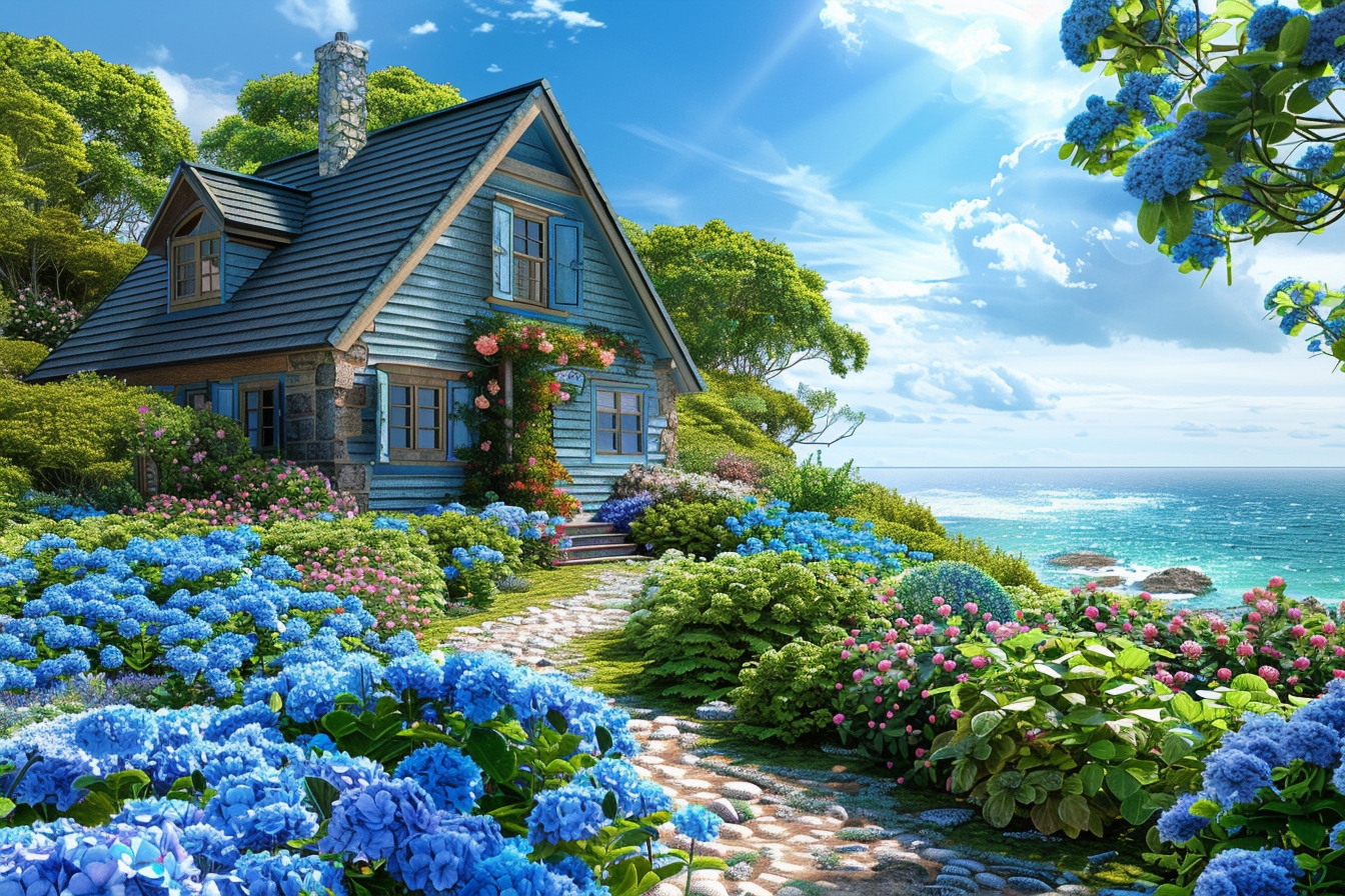 Maison charmante entourée de fleurs près de la mer.