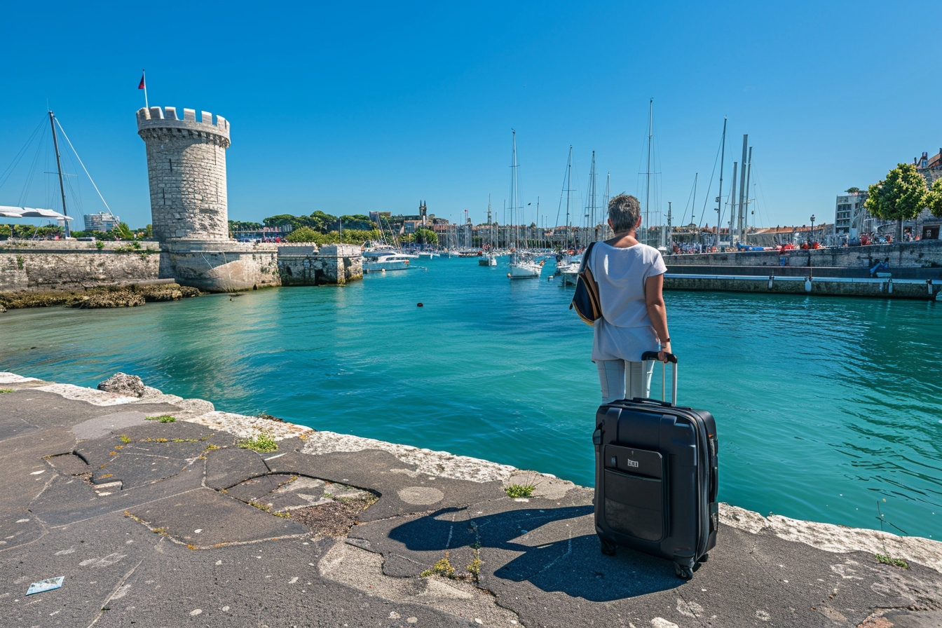 Alt d'image : "Conseils pour déménager sans CDI à La Rochelle, une personne regardant des cartons de déménagement avec en arrière-plan le célèbre port de La Rochelle.
