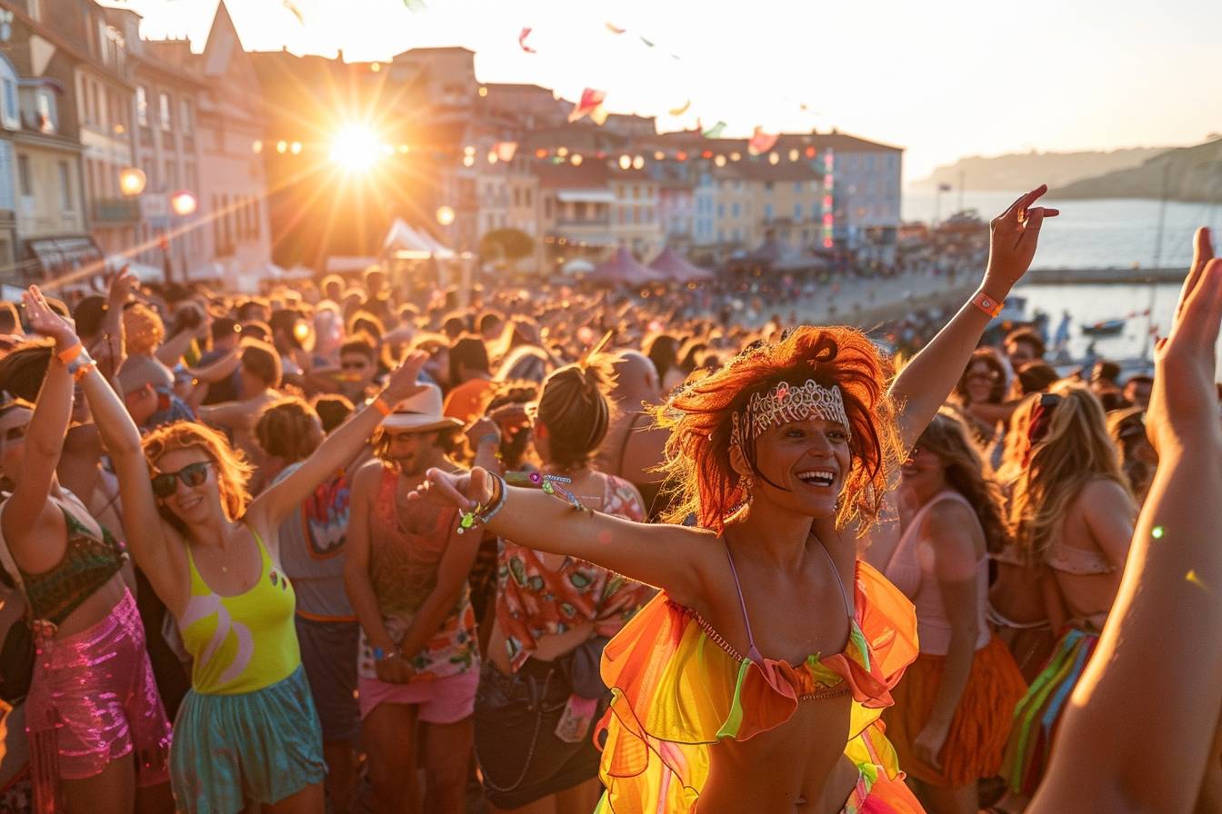 Participants joyeux au festival de musique en plein air à La Rochelle, célébrant la fête culturelle emblématique de la ville